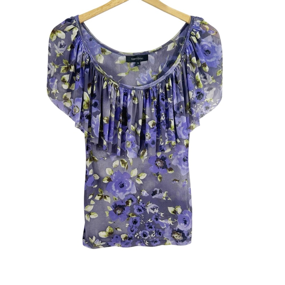 Karen Kane Semi Sheer Mesh Floral Print Ruffle Neckline Top Multicolor Size S